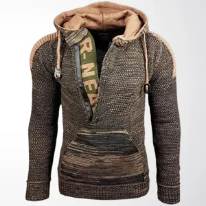 Detailed view of men's textured knit hoodie with half-zip and drawstring hood