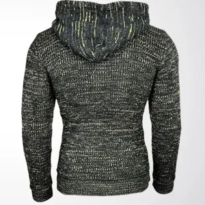 Back view of men's chunky knit hoodie with yellow and black mixed pattern