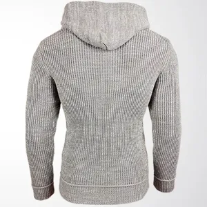 Back view of a men's grey textured knit hoodie featuring a stylish vertical ribbed design