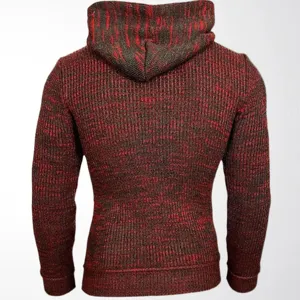 Back view of a men's knitted hoodie with a red and black marl speckled pattern.