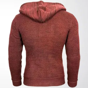 Back view of a men's burgundy marled ribbed knit hoodie for autumn and winter