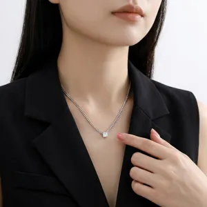 S925 silver Moissanite Cuban chain necklace with square solitaire pendant on model