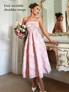 Women Strapless Jacquard Midi Dress French Vintage Elegant Party Evening Dress Slim Fit Strapless Woven Floral Gown