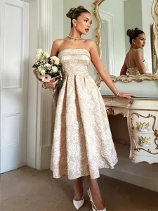 Elegant French style jacquard strapless midi dress for women's parties and dates