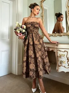 Elegant French floral jacquard strapless midi dress for party and dating