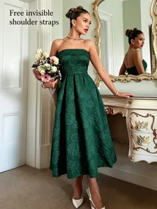 Elegant dark green jacquard strapless midi dress for party and daily french style