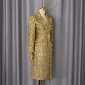 Elegant gold double-breasted tweed long coat with pearl buttons for women's winter style.