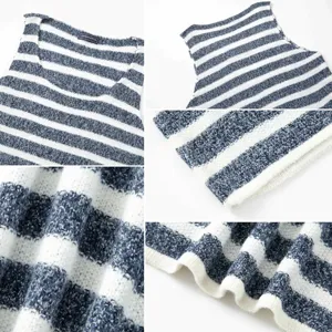 Detailed macro view showing the texture and pattern of a men's blue and white striped knit vest