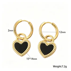 Gold hoop earrings with black enamel heart pendants showing dimensions and weight