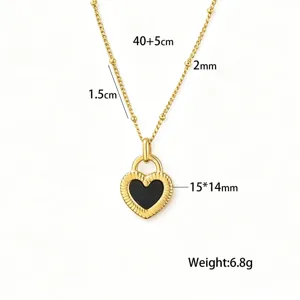 Gold necklace featuring a black heart pendant with size and weight specifications