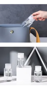 Portable clear pump dispenser bottles for travel skincare being used and displayed