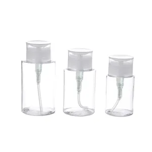 Set of three clear press-type refillable travel bottles for makeup remover.