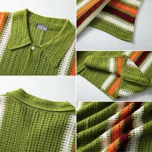 Close-up of green striped knitted polo shirt showing detailed hollow out crochet texture.