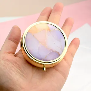 Portapillole Rotondo Portatile in Metallo Con Specchio Multivani Motivo Girasole Angelo Gazza Quadrifoglio Piccola Custodia Per Medicinali Da Viaggio