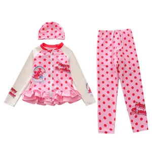 Girls 3-piece swimwear set with long sleeve top, pants and cap, pink polka dot mermaid design