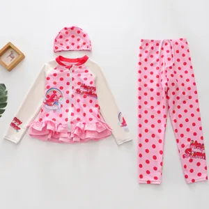 Three-piece pink polka dot kids swimwear featuring mermaid and unicorn designs