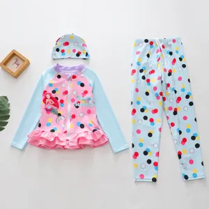 Complete three-piece girls' swimsuit set with long sleeves, mermaid and polka dots