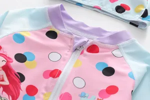 Close-up of zipper guard and neckline on pink mermaid print girls' long-sleeve swimsuit.