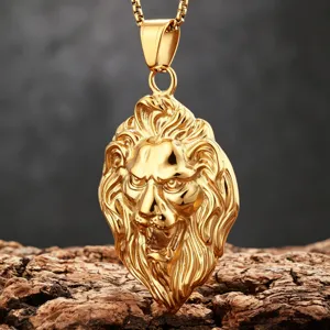 Gold-plated stainless steel lion head pendant necklace for men, hip hop style jewelry