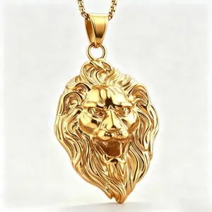 Majestic gold-plated lion head pendant necklace for men, crafted in durable stainless steel.