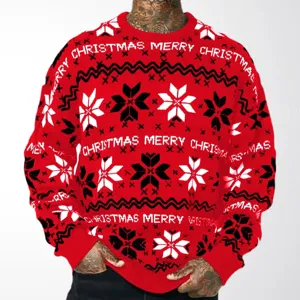 Détail d'un pull de Noël rouge pour homme avec motifs flocons et joyeux Noël