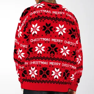 Détail arrière du pull de Noël rouge pour homme avec motifs jacquard flocon blanc