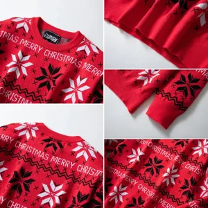 Collage détaillé d'un pull de Noël rouge avec motifs flocons et bords-côtes.