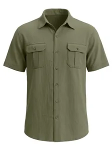 Front view of a men's army green short-sleeve linen shirt with dual chest pockets