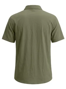 Back view detail of a men's short sleeve linen shirt in casual olive green style