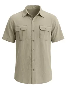 Detailed view of a khaki linen short-sleeved shirt featuring double chest pockets and textures