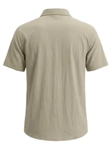 Detailed back view of a men's khaki short-sleeved linen shirt with natural fabric texture