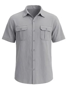 Detail of gray men's short sleeve linen shirt with classic collar and double pockets.