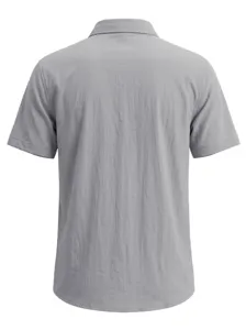 Back view of a men's gray short sleeve linen shirt showing textured fabric detail.