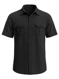 Close-up view of a premium black men's short-sleeved shirt with dual chest pockets