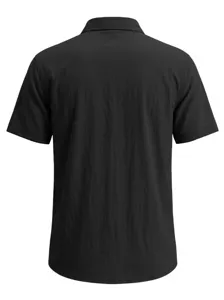 Back view of a black short-sleeved men's shirt with textured fabric and lapel collar