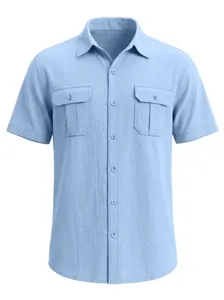 Detailed view of light blue linen shirt with patch pockets and classic collar