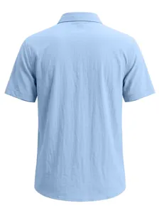 Back view of a light blue linen short-sleeved shirt for men with loose casual fit.