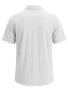 Detailed back view of men's loose white linen short-sleeved shirt with classic lapel