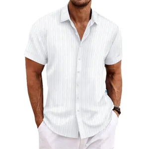Men's casual white cotton linen short sleeve shirt with vertical jacquard stripes