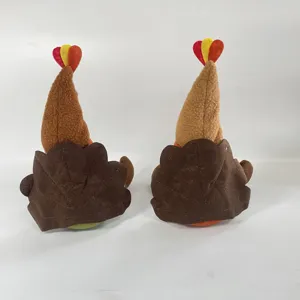 Detailed back view of pair of plush Thanksgiving turkey gnomes for harvest home decor