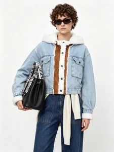 Dames Casual Denim Lamswol Jas Patchwork Contrast Capuchon Korte Jeansjas Lange Mouw Winter Warm Streetwear Bovenkleding