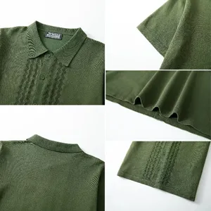 Dettagli ravvicinati della polo in maglia verde oliva con lavorazione traforata
