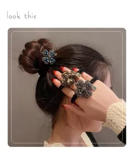 Elegant rhinestone hair tie four leaf clover hair band for women fashion ponytail holder