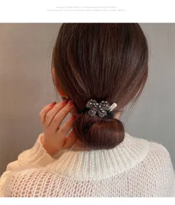 Close-up detail of a sparkling rhinestone hair tie on a neat bun, elegant hair accessory.
