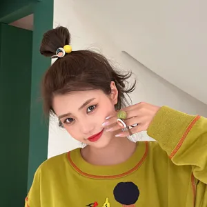 Quirky ins style hair tie with cartoon resin bead and yellow ball, high elasticity rubber band for women.