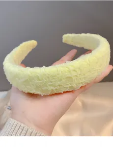 Light yellow wide sponge headband, cute ruffled fabric hair hoop for daily wear and face washing.