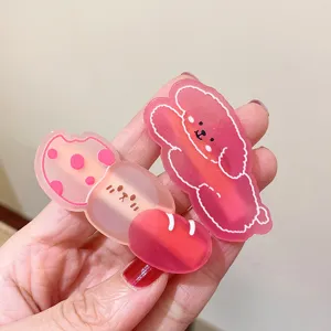 Cute pink acrylic hair clip detail shot, sweet cartoon duckbill clip for daily sweet style.