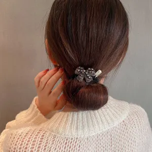 Korean style chic rhinestone bow hair tie elegant bun rubber band hair accessories for women
