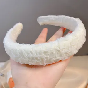 White wide sponge headband, soft plush mesh hair hoop for women girls daily face washing.
