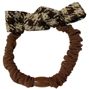 Chouchou élastique nœud pied-de-poule marron pour femme accessoires cheveux queue de cheval.
